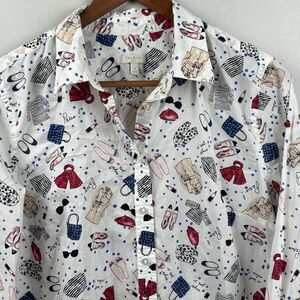 Talbots Button Up Shirt Womens Medium Paris Chic Print Long Sleeve Cuff Cotton